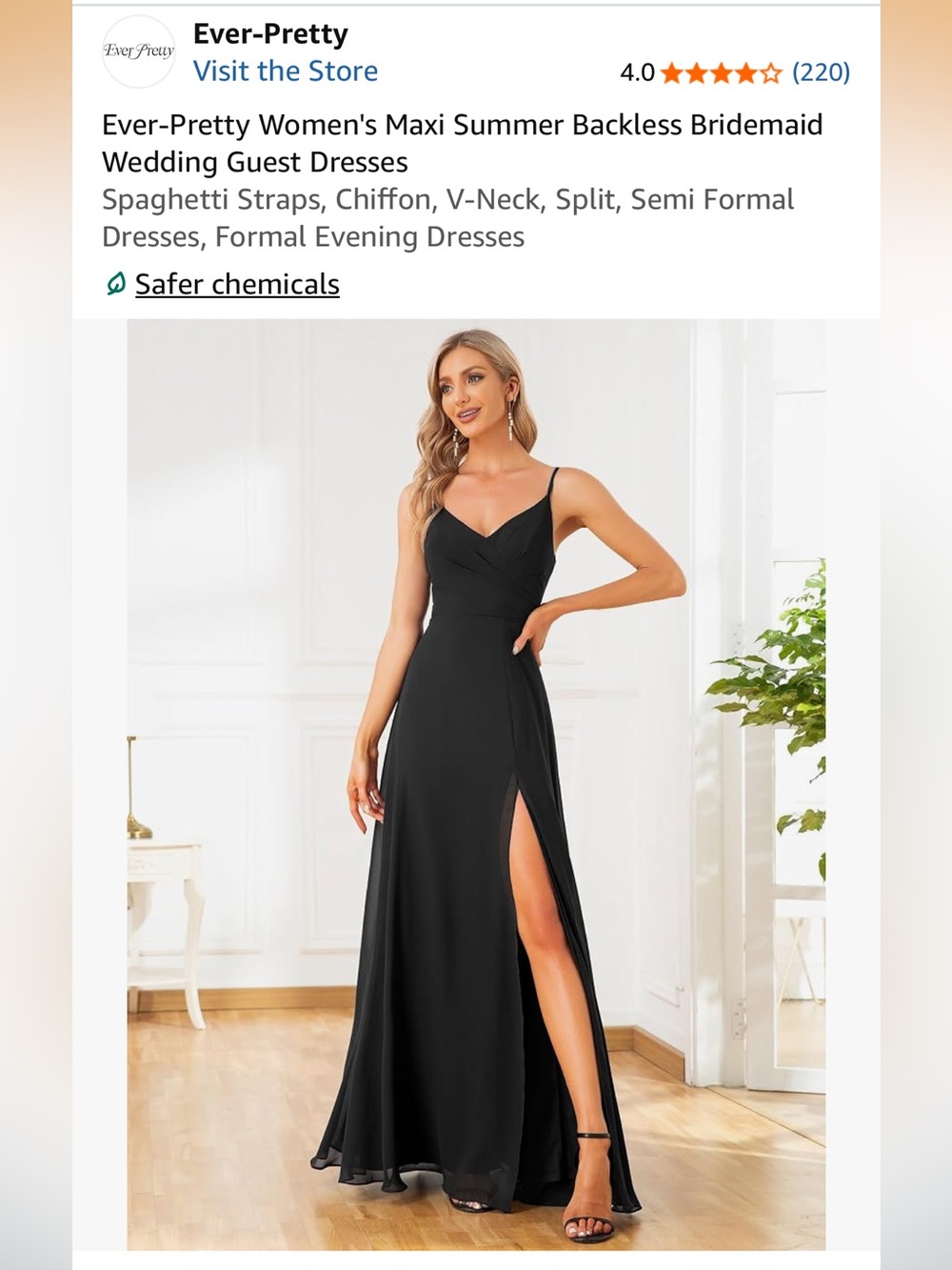 Ever Pretty Black Spaghetti-Strap V-Neck Maxi Dress with Side Slit